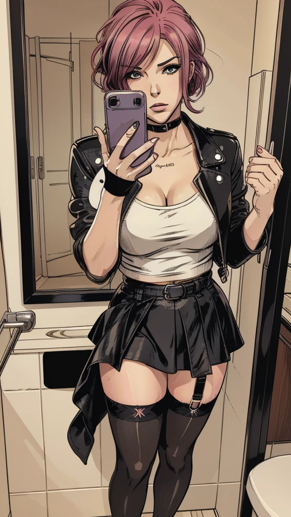 Young Girl,with a very beautiful appearance,Medium breasts, beautiful physique,black hair tied into a high ponytail with a black elastic band,white eyes,With a rude look,dressed in a sexy black leather jacket,sexy black corset with open chest,black thong pulled over the waist,sexy fishnet stockings and thigh straps, High Black Shoes,black choker on the neck,gives blowjob gloryhole style,rolls his eyes, cum on dick, are in an abandoned restroom