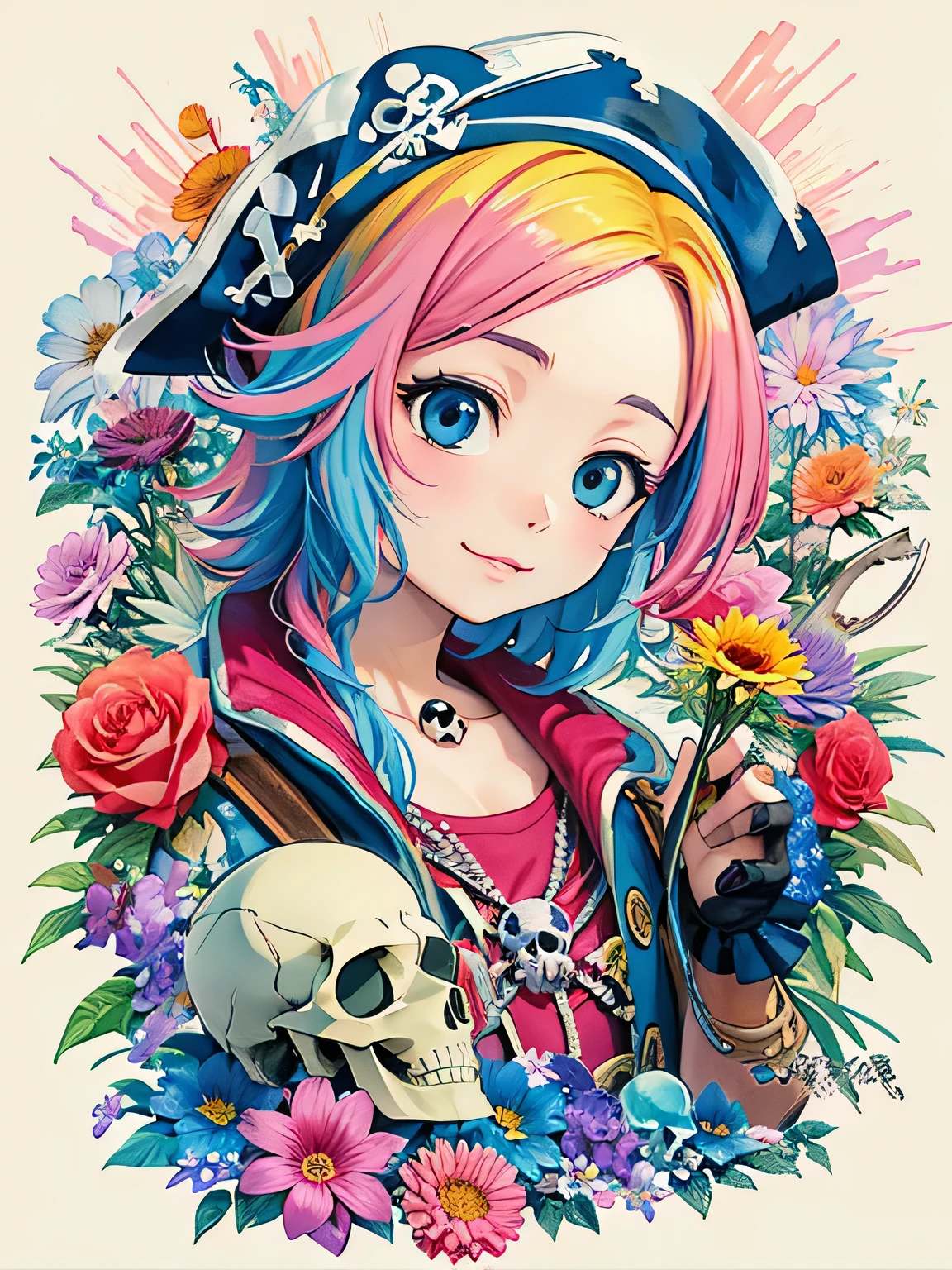 Akira Toriyama style、8K Quality、Intense watercolor, Detailed watercolor art, Watercolor splash, Surreal, avant-garde pop art, Beautiful and expressive paintings, Beautiful artwork illustration, Very colorful tones, wonderful, Cool beauty, highest quality、Official Art, Vector art, Stylish design, (((The most beautiful pirate girl))), (((highest quality))), HDR, ((detailed)), (((Doodle Art)), ((masterpiece)), ((Super detailed)), (((Colorful flowers))),(((skull fashion))),