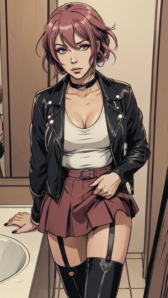 vector image, 2d cartoon,masterpiece, An anime blushed woman, colored hair, t-shirt, simulates intercourse:1.2, gloomy ecstasy, sweat, panties, masturbate, touch herself in sensual places vagina, public cramped toilet stall,leather biker jacket