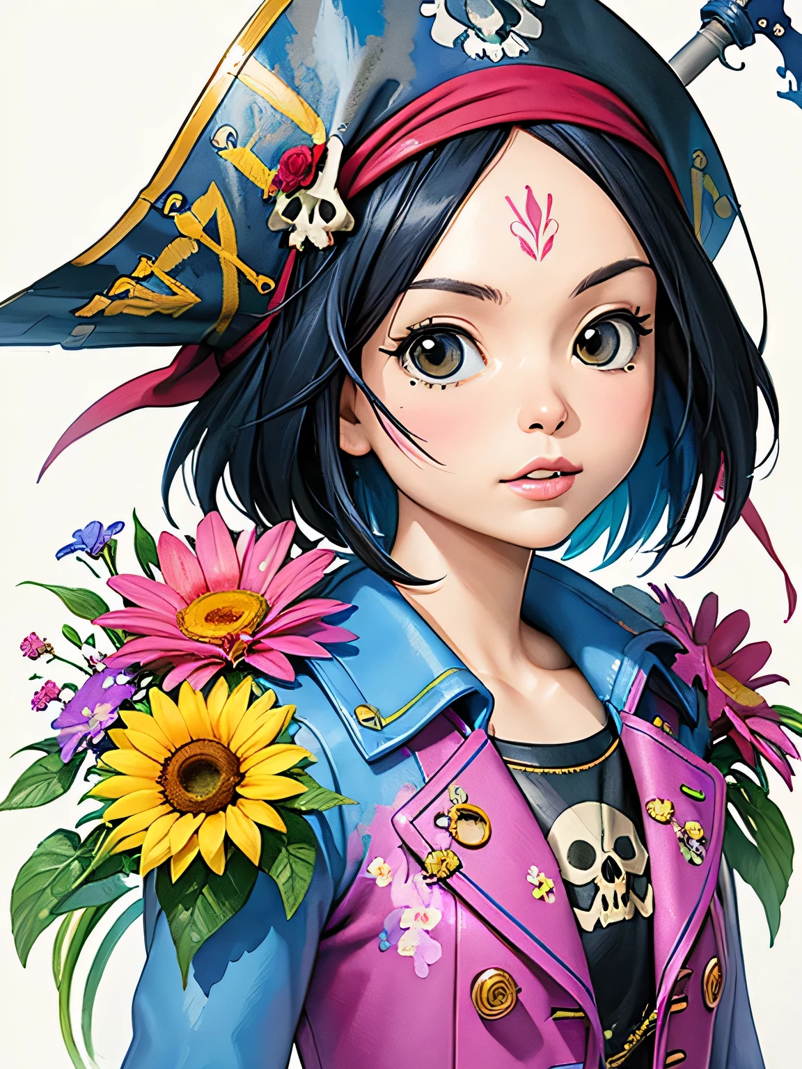 Akira Toriyama style、8K Quality、Intense watercolor, Detailed watercolor art, Watercolor splash, Surreal, avant-garde pop art, Beautiful and expressive paintings, Beautiful artwork illustration, Very colorful tones, wonderful, Cool beauty, highest quality、Official Art, Vector art, Stylish design, (((The most beautiful pirate girl))), (((highest quality))), HDR, ((detailed)), (((Doodle Art)), ((masterpiece)), ((Super detailed)), (((Colorful flowers))),(((skull fashion))),