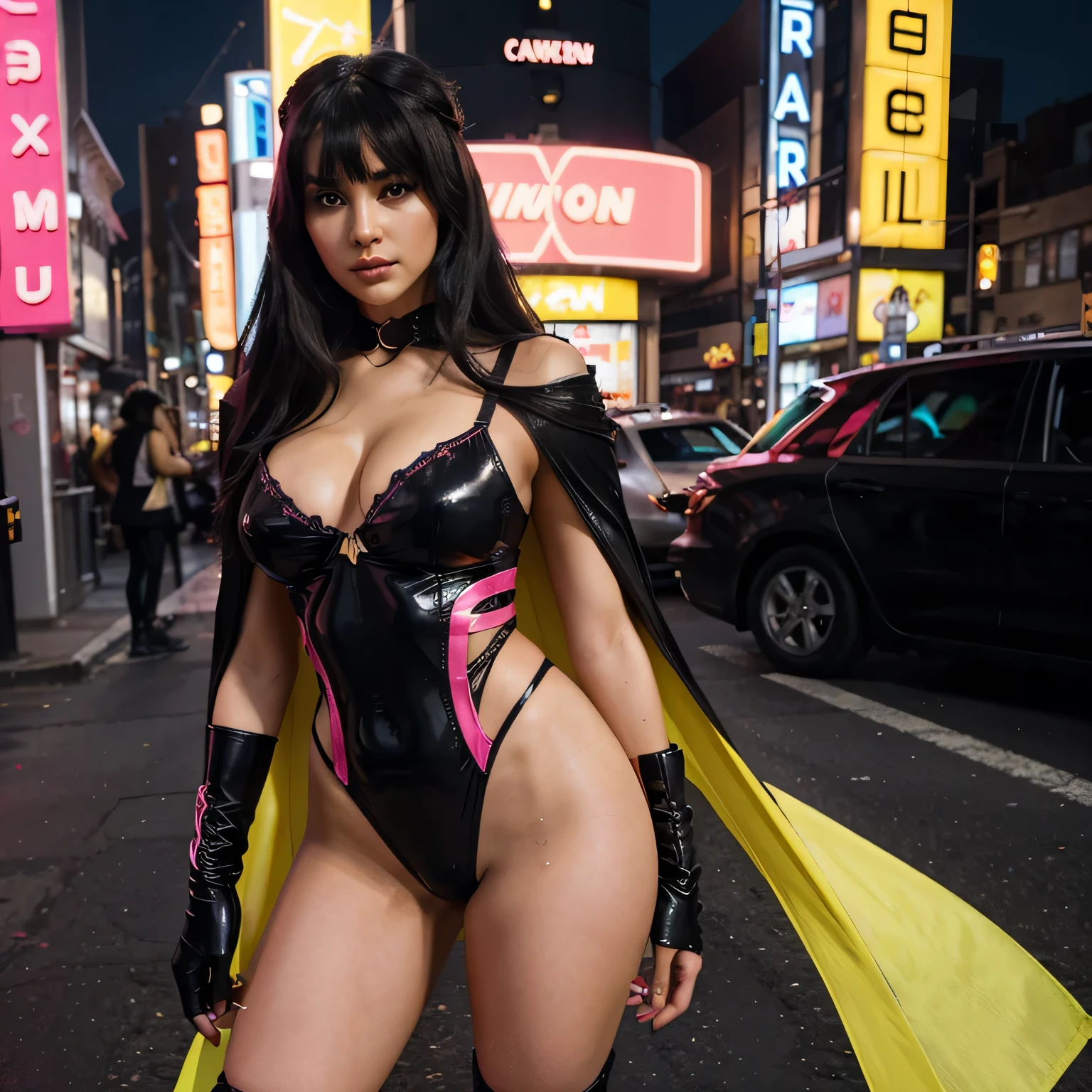 A beautiful hyperreal woman who represents Sailor Moon. Black hair, very big breasts, giant butt, tiny waist. Her face has Japanese anime features. She has long straight black hair down to her waist. Bangs: She has short, blunt bangs that frame her face and curve to the sides. She wears a bold and empowering ensemble fit for a superheroine, with the foundation being lingerie-inspired attire. The outfit consists of a daring neon pink bodysuit crafted from luxurious satin or silk, serving as the base layer for her superhero costume. The bodysuit features intricate lace detailing in vibrant hues, reminiscent of lingerie from Victoria's Secret, in neon yellow. To complement the lingerie-inspired bodysuit, she wears a flowing cape in a rich jewel tone, such as deep neon pink, adding a touch of drama and elegance to her ensemble. The cape is adorned with shimmering accents or metallic embroidery, further enhancing her superhero persona in neon yellow. Her accessories include a sleek and stylish mask in a coordinating neon yellow, adding an air of mystery and sophistication to her look. She wears thigh-high boots crafted from supple neon pink leather or suede, with metallic accents or lace-up details, completing her powerful and dynamic appearance. For makeup, she opts for a bold and glamorous look, with dramatic winged eyeliner in neon pink and a bold lip in a complementary neon yellow shade to her cape. Her hair is styled in voluminous waves or a sleek updo, adding to her overall aura of confidence and strength. With a determined expression on her face, she exudes confidence and charisma as she embraces her role as a modern-day superheroine. She finds herself amidst the bustling streets of a neon-lit city at night, ready to defend its inhabitants with her fierce presence.