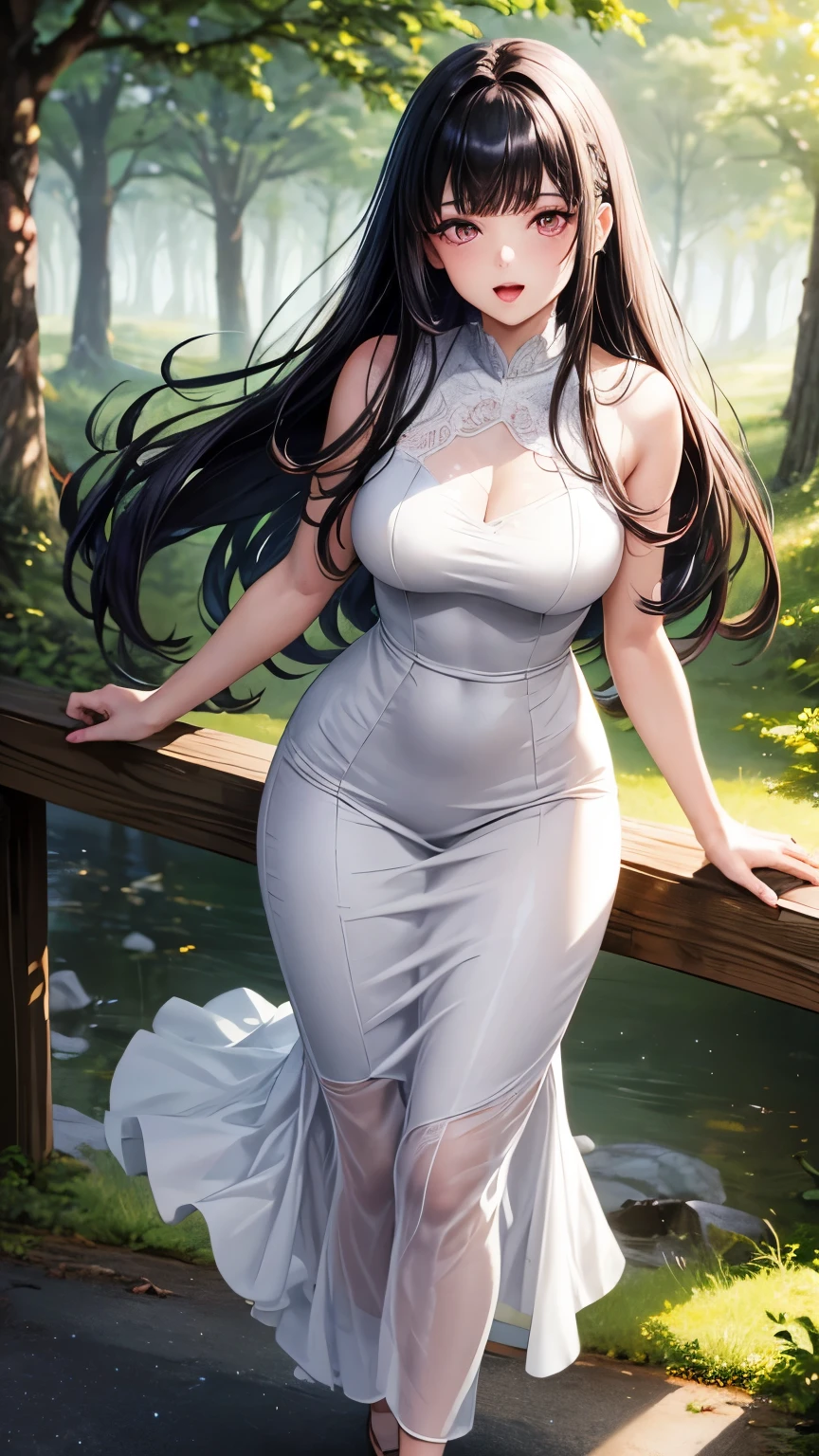 (Meisterwerk),(best quality:1.0), (ultra highres:1.0), detaillierte Abbildung, 8k, Anime-Serie, 1 girl, beautiful Anime-Serie girl, wearing a skin-tight white dress, pretty face, detailliertes Gesicht, Beautiful eyes, detaillierte Augen, olive green eyes, leuchtend rote Lippen, roter Lippenstift, beautiful stylish hair, black hair with highlights, Highlights im Haar, bangs Anime-Serie style, best quality, beschwingt, Full body view, Im Wald auf einer blumen Wiese, strahlender Sonnenschein, Slightly open mouth, deep neckline