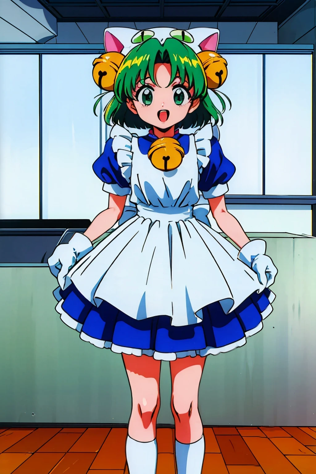 (masterpiece:1.3),(highest quality:1.4),(Super detailed:1.5),High resolution,Very detailed,unity 8k wallpaper,Official Art,Perfect ???????,(Anime screenshots:1.11),(90s Anime,90s Anime style,Cel-shaded anime:1.17),((alone:1.52)),(1990s \(style\), retro artstyle:1.5),(anmnr:1.7),
((dejiko:1.52)), 1girl, solo, green hair, short hair, green eyes, jingle bell, hair ornament, animal hat, cat ears, cat hat, gloves, white ?????, blue dress,Open Mouth Smile,In front of the cash register,