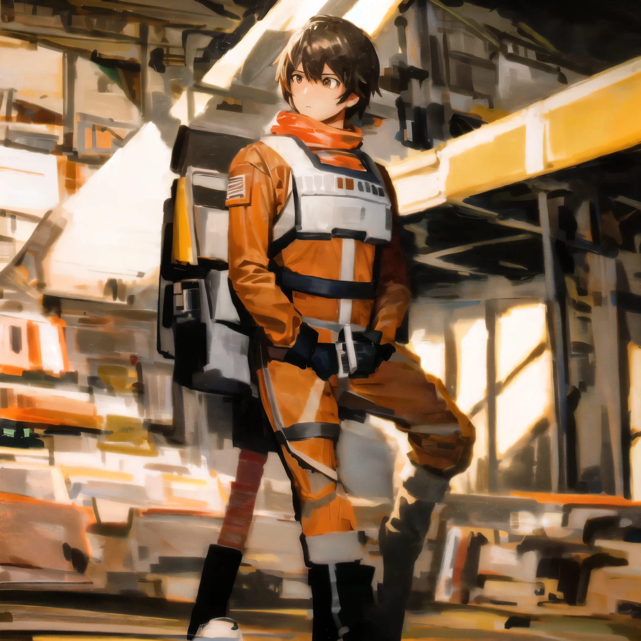 character \(series\) with rebel pilot suit in air force hangar.,cabello largo negro , ojos amarillo, foto cruda, 8k hd, DSLR, Soft lighting, alta calidad,(espacio, galaxia)