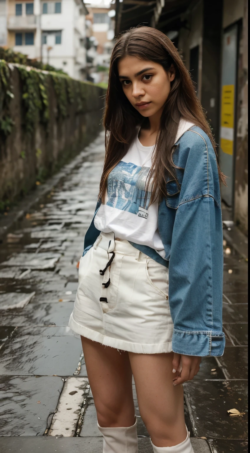 melhor qualidade de imagem, obra de arte, super high resolution, (Fidelidade:1.4), foto, 1 garota, camisa branca, jeans rasgados, White sneakers, dim, Darkness, desespero, pena, pobre, Filme, tears, tears, (roupas rasgadas:1.5), (roupas molhadas:1.4), Ombros nus, chuva de verdade, Cabelo molhado,..