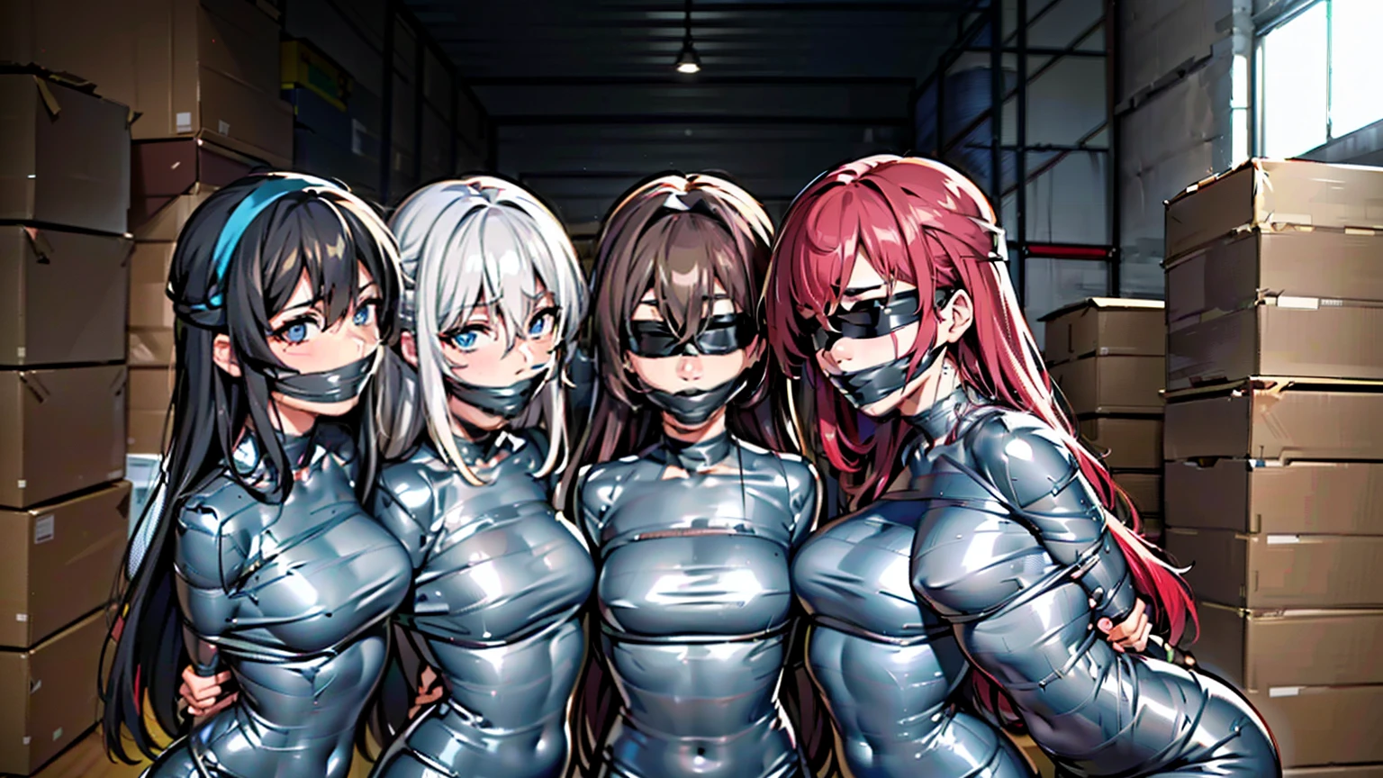  ((Imprisoned in a warehouse)), ((4 women)), duct tape, gagged, mummification, arms behind back, (Highly detailed CG Unity 8k), (highest quality)，(Very detailed)，(Ultra-high resolution), ************, Black Hair, duct tape blindfold, mummified, ((Duct tape is used to restrain the whole body.:1.2)), blindfold, ((Cover the eyes completely with duct tape:1.2)), Hands tied behind back, 1人目はBlack Hairロングヘアー, The second person has brown hair and a bob cut., The third person has medium-long red hair., The fourth person is a silver-haired ponytail., BDSM, ((head band)), Four people huddle together,