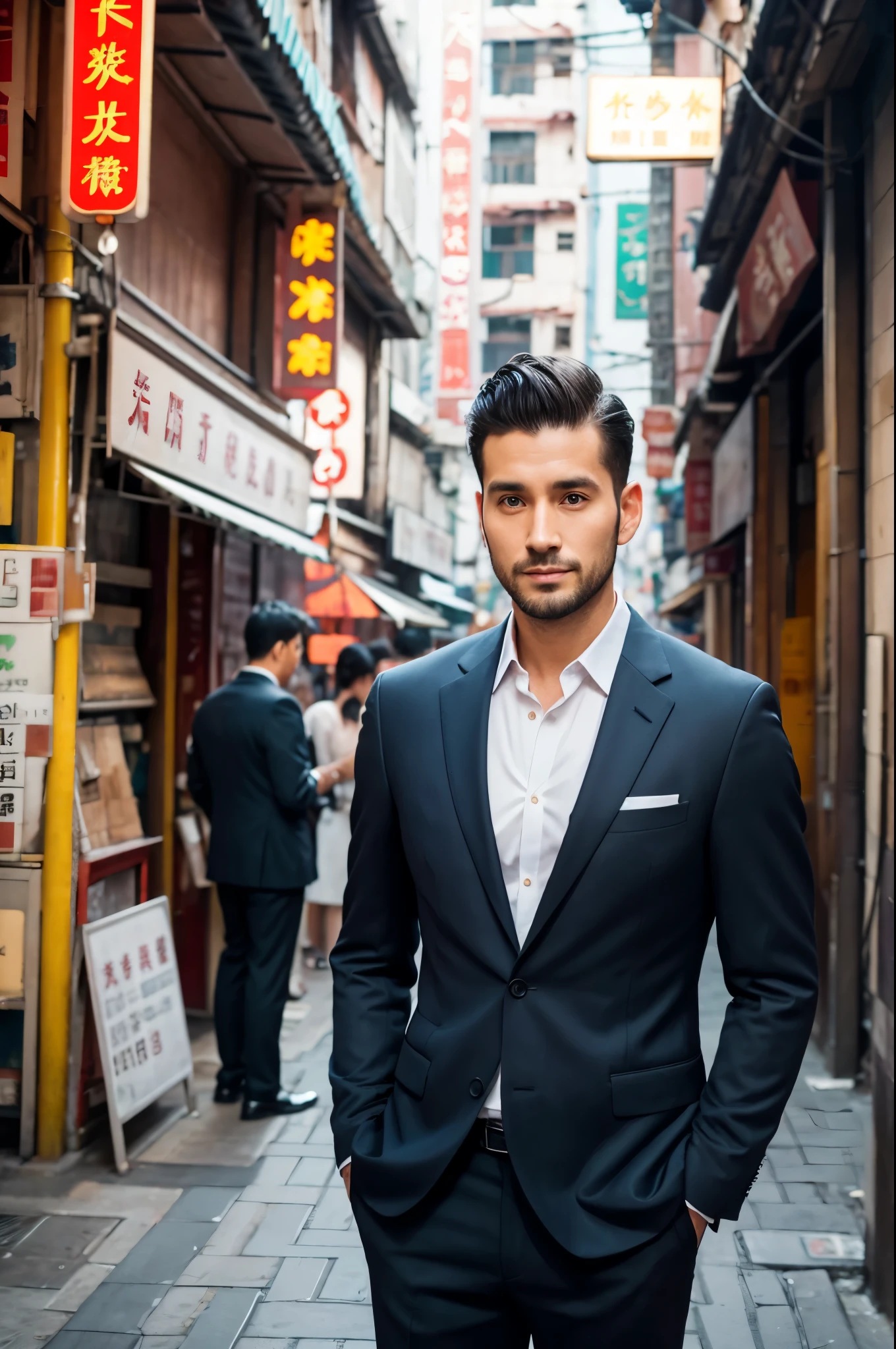 male, 30 years old, Slickback, suit, China Town, Half-body photo