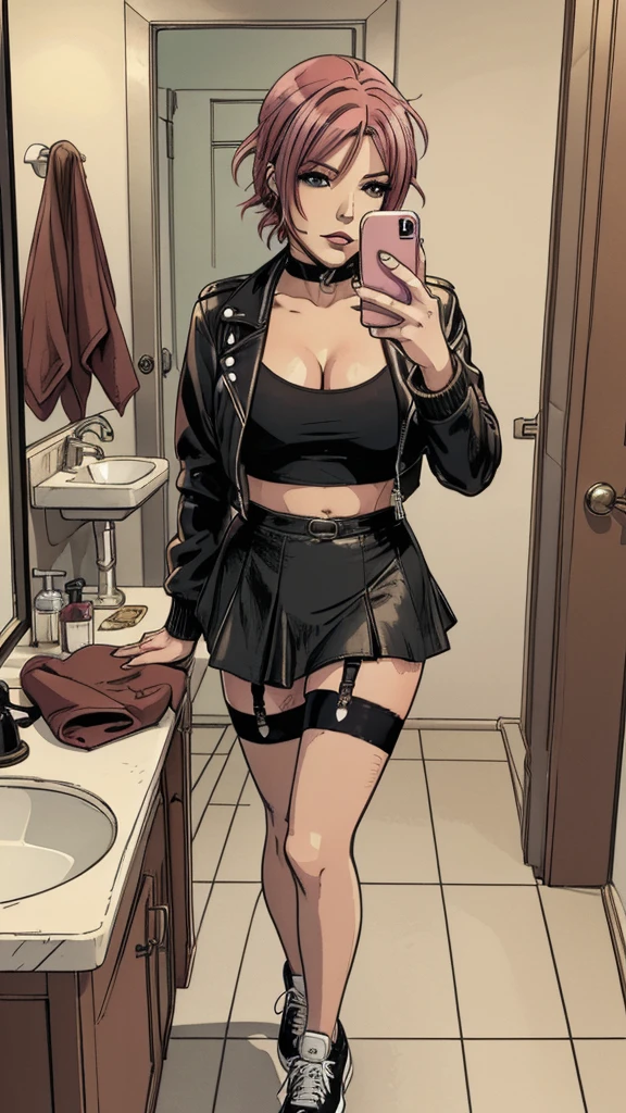 vector image:1.2, 2d cartoon,masterpiece, An anime woman, blush,colored hair, bold makeup, nylon stockings with garters:1.2, skirt, leather jacket, sporty top, horny pose:1.1, gloomy orgasm,thigh-high heels, sneakers, selfie, in restroom, full body