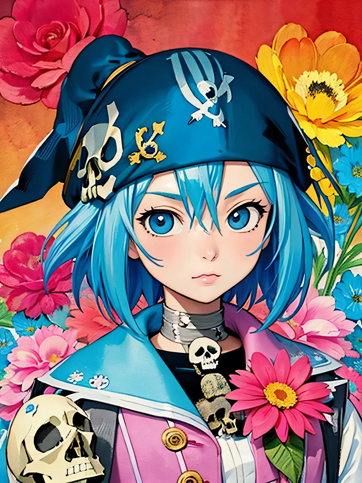 Akira Toriyama style、8K Quality、Intense watercolor, Detailed watercolor art, Watercolor splash, Surreal, avant-garde pop art, Beautiful and expressive paintings, Beautiful artwork illustration, Very colorful tones, wonderful, Cool beauty, highest quality、Official Art, Vector art, Stylish design, (((The most beautiful pirate girl))), (((highest quality))), HDR, ((detailed)), (((Doodle Art)), ((masterpiece)), ((Super detailed)), (((Colorful flowers))),(((skull fashion))),