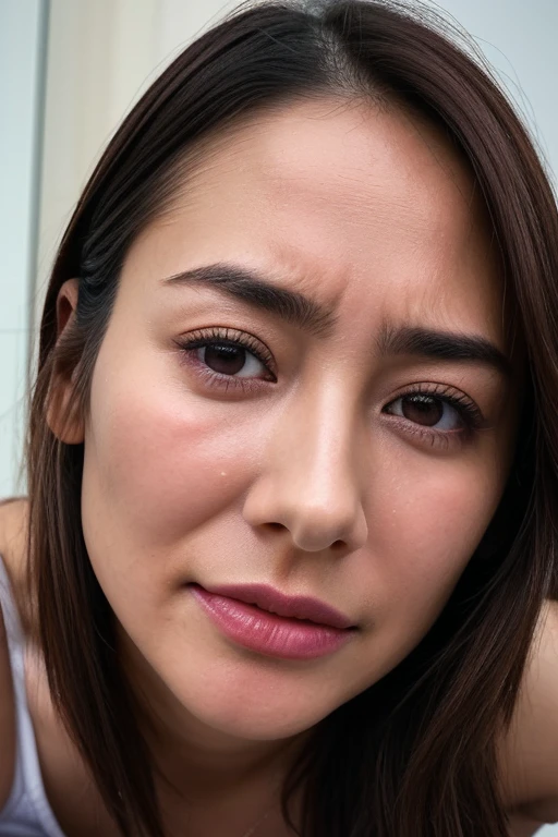 Beautiful Japanese actresses,1 girl,flying debris,,Award-winning photo, Very detailed, Keep your eyes focused, Nose and mouth,Face Focus, Extreme close up of face、Age 25,Brown Hair、Symmetrical face,Realistic nostrils、Angle from below、Elongated C-shaped nostrils NSFW,(Sharp Nose)Sweaty skin、Shiny skin,(Brow wrinkles))（Cum on tongue)、Deep Kiss、((Thin eyebrows))Oily skin、Glowing Skin、double eyelid、、Beautiful woman、Medium Hair、Shortcuts、Tank top、(((Underarm))),Ska can see the sky、Shibuya Center Street、(((Show your side,throw))),Raise your eyebrows, (((Hold your mouth, Frowning, crazy, Frowning))), Textured skin,Long upper arms,((Cry with your eyes open, blush, Drunk, Frowning, Frowning, The face of endurance))Squat,((remote controller, remote control))((oily skin))Sweat glistens from my pores