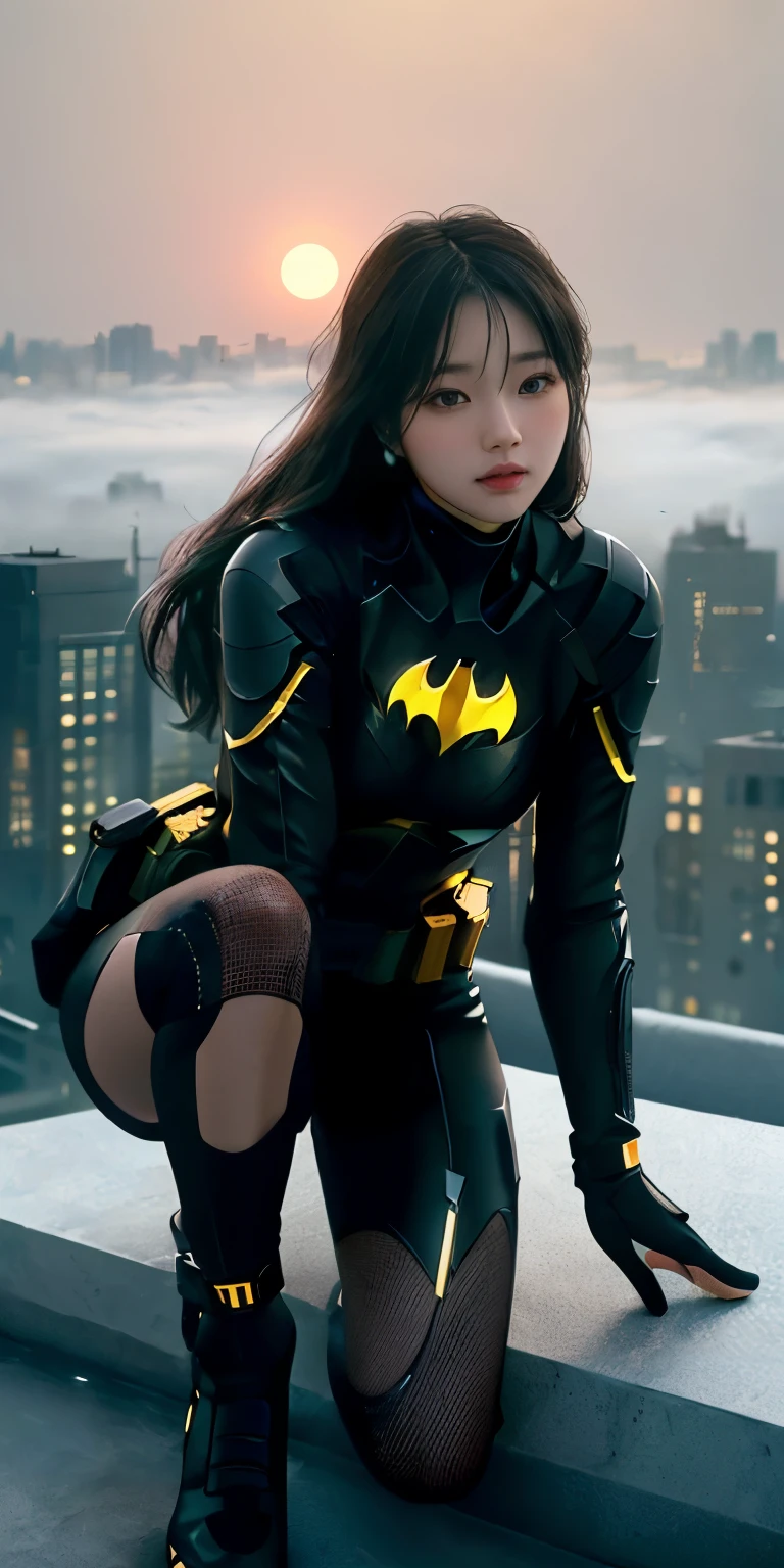 (8k),(masterpiece),(Japanese),(),((innocent look)),((Childish)),From the front and above,smile,cute,Innocent,Kind eyes, flat chest, Slender,Hairless vagina,cameltoe,Batman costume,black domino mask,semi-long,Hair blowing in the wind,Black Hair,Strong wind,night, dark, cyberpunk city
