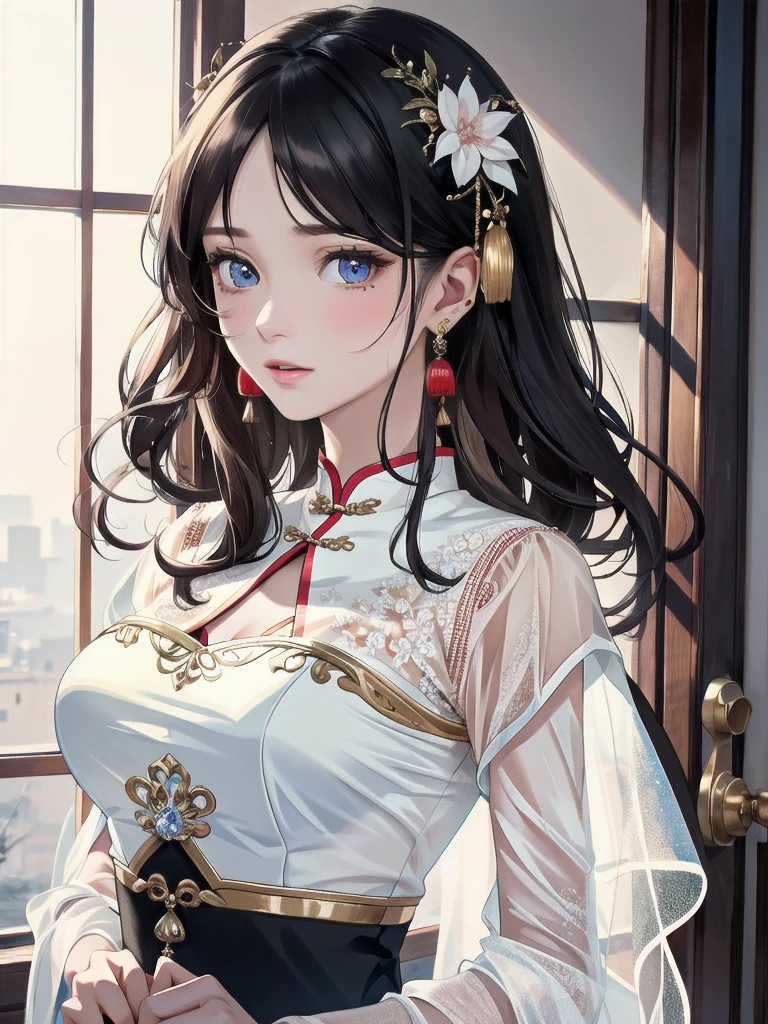 absurdres, RAW photo, extremely delicate and beautiful, masterpiece, Best Quality, ultra high resolution, 32k, hyperrealistic, ultra-detailed, detailed description, pale skin, 20 years old, detailed beautiful face and eyes, tearful mole, earring, very huge round breasts, short medium hair, wavy hair, full body shot, jewelry, skirt, hair adornments, Chinese clothes, sheer transparent clothes,