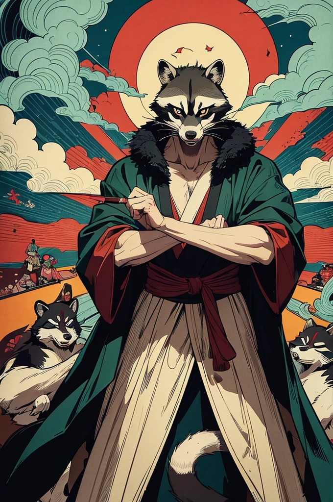 (masterpiece, best quality:1.1),
popart style,flat color,1old raccoon wearing Japanese monk's robe,wolf fur,king of raccoons,standing front the cave,anger,Psycho Power,Ukiyo-e style illustration,dynamic pose,beautiful lighting,photographic portrait, sharp,