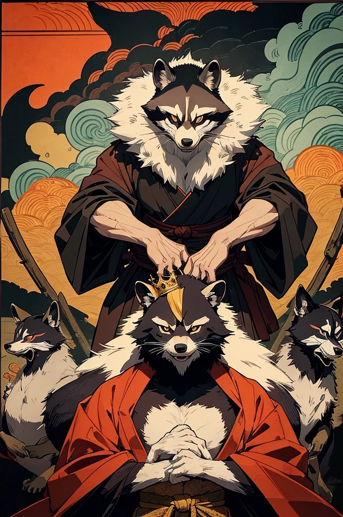 (masterpiece, best quality:1.1),
popart style,flat color,1old raccoon wearing Japanese monk's robe,wolf fur,king of raccoons,standing front the cave,anger,Psycho Power,Ukiyo-e style illustration,dynamic pose,beautiful lighting,photographic portrait, sharp,