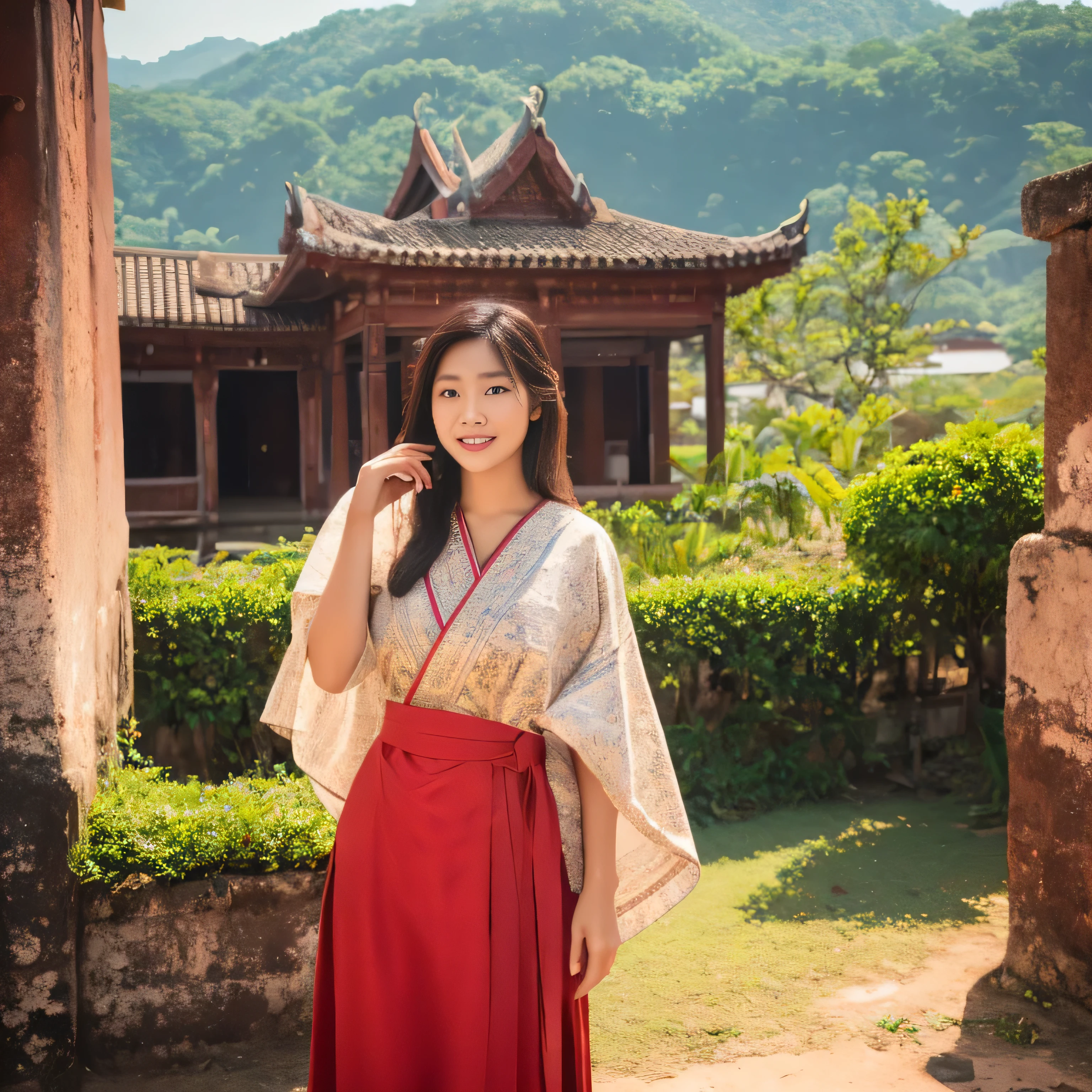 8k,The ultimate detail,realistically,soft light,HD,Movie,Thai woman aged 30,The backdrop is an ancient city.,Wear ancient clothes,Hand in hand.,looking at camera