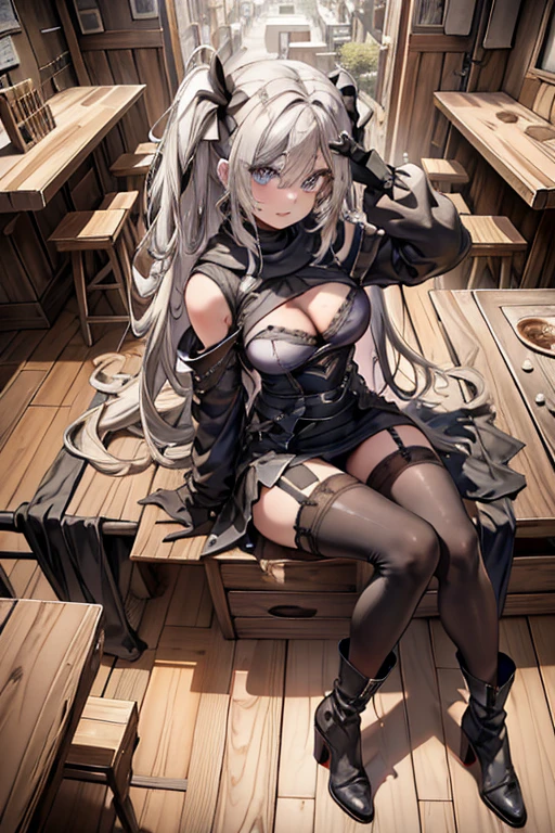 (from above:1.2),(from side:0.9), ((Face)), (Close-Up:0.4), 1female, teacher, wearing a hoodie, bootyshorts, Thicc, small breast, light colored hair, long hair, blue eyes, face to detail, detailed eyes, the background is a pizzaria, smiling, highest quality, (RAW photo:1.2)(Curve,Model,glamor:1.5),Beautiful breasts,(pointed chest:1.0),Farbe_aberration,beautiful detailed shadow,Beautiful eyes,Beautiful body,Beautiful skin,beautifull hands,(medium_breasts:1.5),Brown hair,watching at viewers,black suspenders,Bulging big,breasts,walls: Black miniskirt, garters, Gaze, Small face,bangss,holster,Beautuful Women,hands up,leg holster,Gaze,black boots panty shot, provocation,flank,flank sweat soio,arm,,narrow waist,(with sparkling eyes and a contagious smile),her thin pubic hair, looking at viewer, posed cleavage:1.2,pose muy sexy"