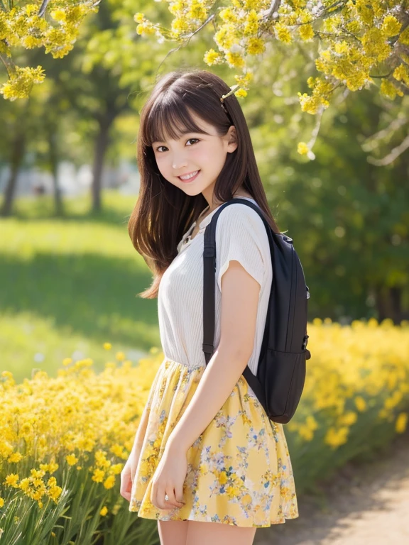 prompt: Very attractive with a backpack, Take an adorable puppy, Enjoy a lovely spring outing surrounded by beautiful yellow flowers and natural scenery. 1 girl,Cute face,smile,Mini skirt dress,The illustrations are in high resolution with 4K resolution., 12 year old girl with highly detailed facial features