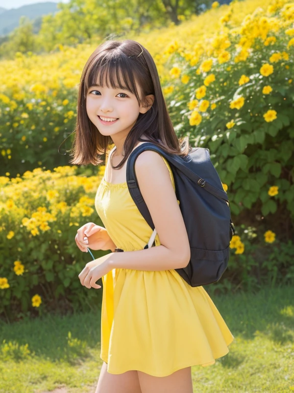 prompt: Very attractive with a backpack, Take an adorable puppy, Enjoy a lovely spring outing surrounded by beautiful yellow flowers and natural scenery. 1 girl,Cute face,smile,Mini skirt dress,The illustrations are in high resolution with 4K resolution., 12 year old girl with highly detailed facial features