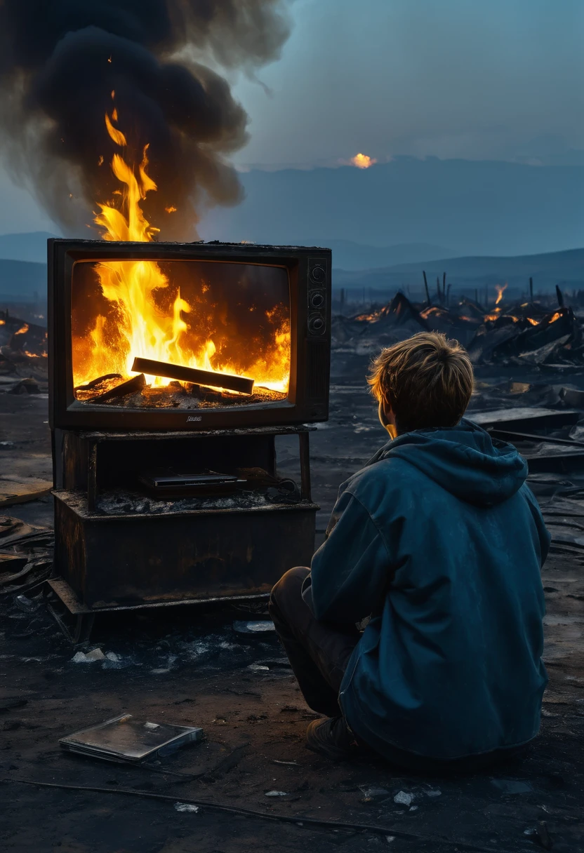 homeless teenager watches a television in flames in a toxic wasteland, natural rust and grime detail, rustic sophistication. rain, night,