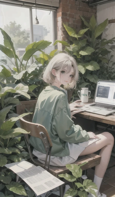 Artistic illustration: Relaxed character and white cat Working with a relaxed expression Laptop and coffee、Green plants and other items are arranged、Expressing a comfortable working environment