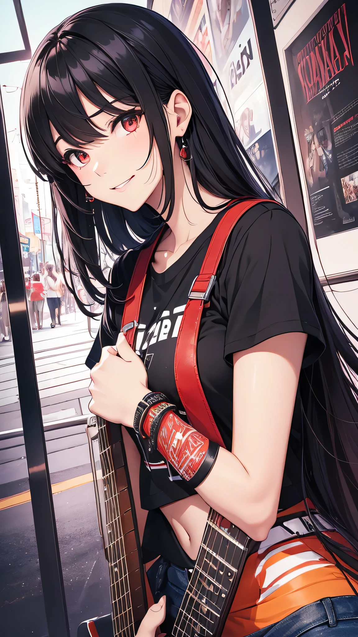 最high quality、Best image quality、masterpiece、girl((18-year-old、 By becoming、Best Bust、Medium Bust,Wide open breast tea、Red glowing eyes,Black Hair、Red Mesh、Disheveled Hair、Lointail、thin,The highest valley、Open chest、Luminous Wristbands、hair ornaments、Show the whole body,Black short sleeve T-shirt、Short denim trousers、Leaning forward、smile、Holding a guitar、Performance、sing)),high quality、Beautiful art、background((Large shopping malls,Street Museum,A large amount of y rally))、Flight、Flying debris、Written boundary depth、movie、Visual Arts、Perfect art、8K,Genuine,