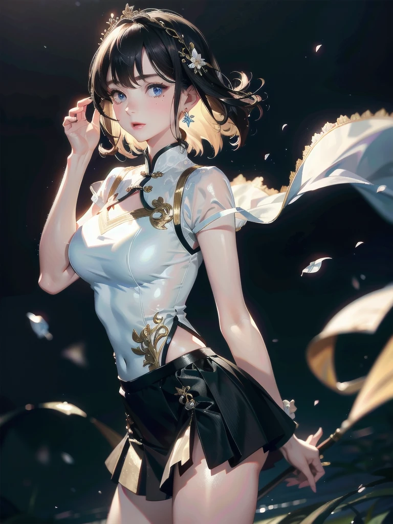 absurdres, RAW photo, extremely delicate and beautiful, masterpiece, Best Quality, ultra high resolution, 32k, hyperrealistic, ultra-detailed, detailed description, pale skin, 20 years old, detailed beautiful face and eyes, tearful mole, earring, very huge round breasts, short medium hair, wavy hair, full body shot, jewelry, skirt, hair adornments, Chinese clothes, sheer transparent clothes, 