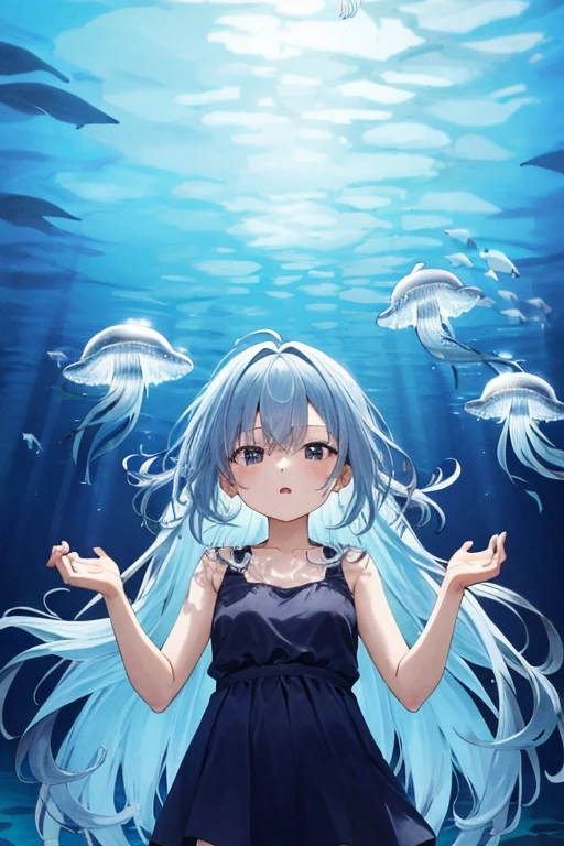 jellyfish、光るjellyfish、Aquarium、girl、In the water、Spreading hair、Aquarium、Light blue transparent hair color、colorful、Beautiful colors、Neon color、