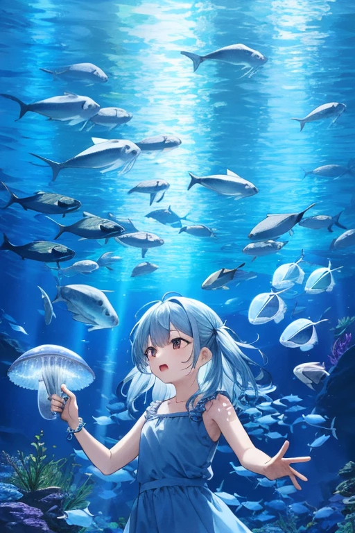 jellyfish、光るjellyfish、Aquarium、girl、In the water、Spreading hair、Aquarium、Light blue transparent hair color、colorful、Beautiful colors、Neon color、