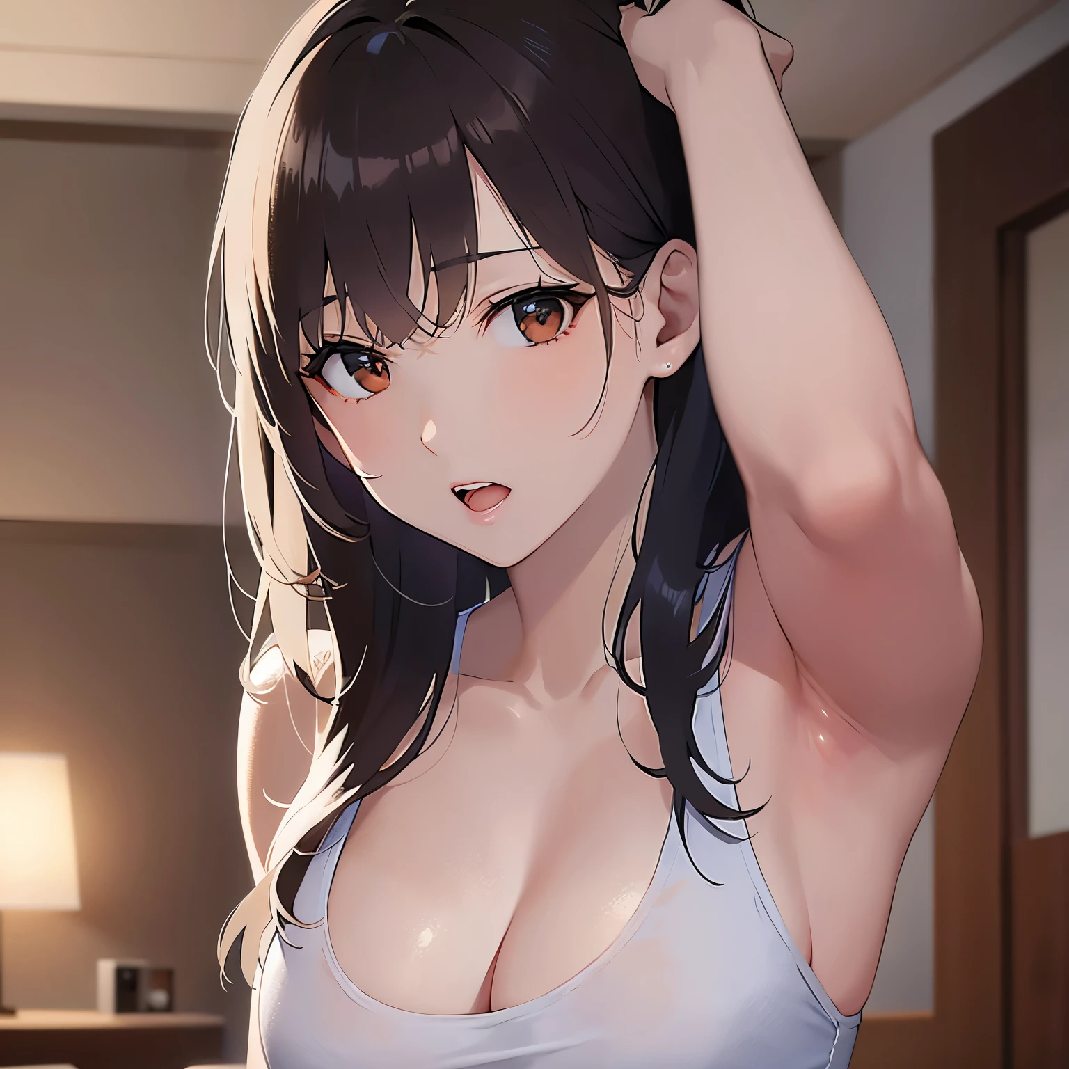 raising hand, Biologically correct five fingers、Cleavage、Upper Body, Realistic, real person, (pale skin: 1.2), RAW photo, photorealistic, shiny skin, shiny hair、(A 25-year-old woman with medium-length hair and bangs) and (wavy hair) and (brown hair) and (orange eyes) , Wearing a white tank top 、surprised, open mouth, The background is the living room、Alone、Are standing