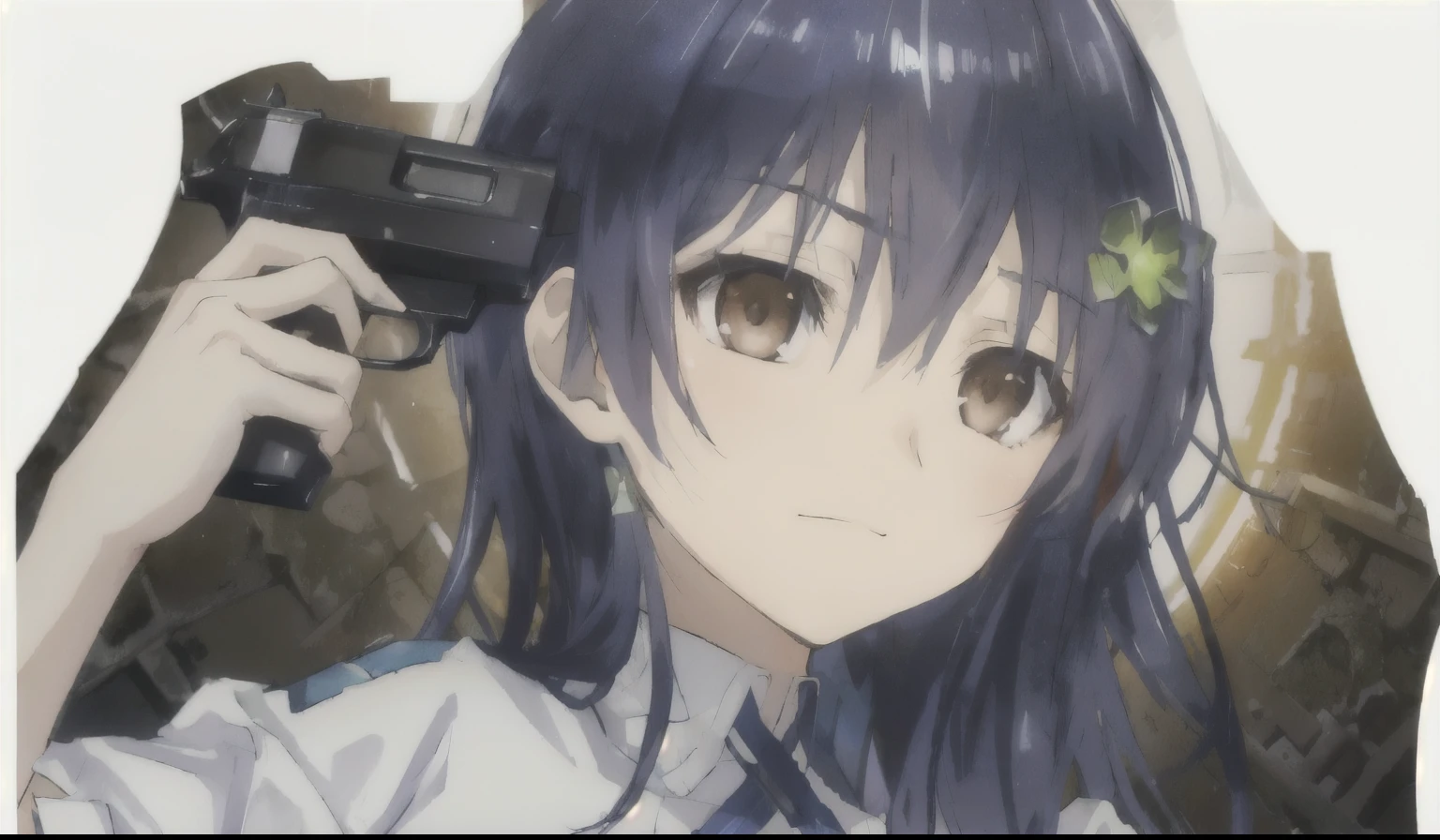 1girl with gun to head, Cowboy shooting, (Smiling, The pupil is dull, Crazy Eyes:1.2), White Dress,White Dress,Sitting upright,Sitting upright,Sit upright, Dark blue hair, Lifeless eyes,frown头,frown,frown,Speechless expression,Disgusted expression,Disgusted expression,Long hair, Eyeshadow, (Glowing eyes:0.7), gun, holding gun, Ridiculous, 8k wallpaper, Large Breasts, cleveage, Side milk, Stunning details ,Medium breasts,Medium breasts,Light eyes,Light eyes