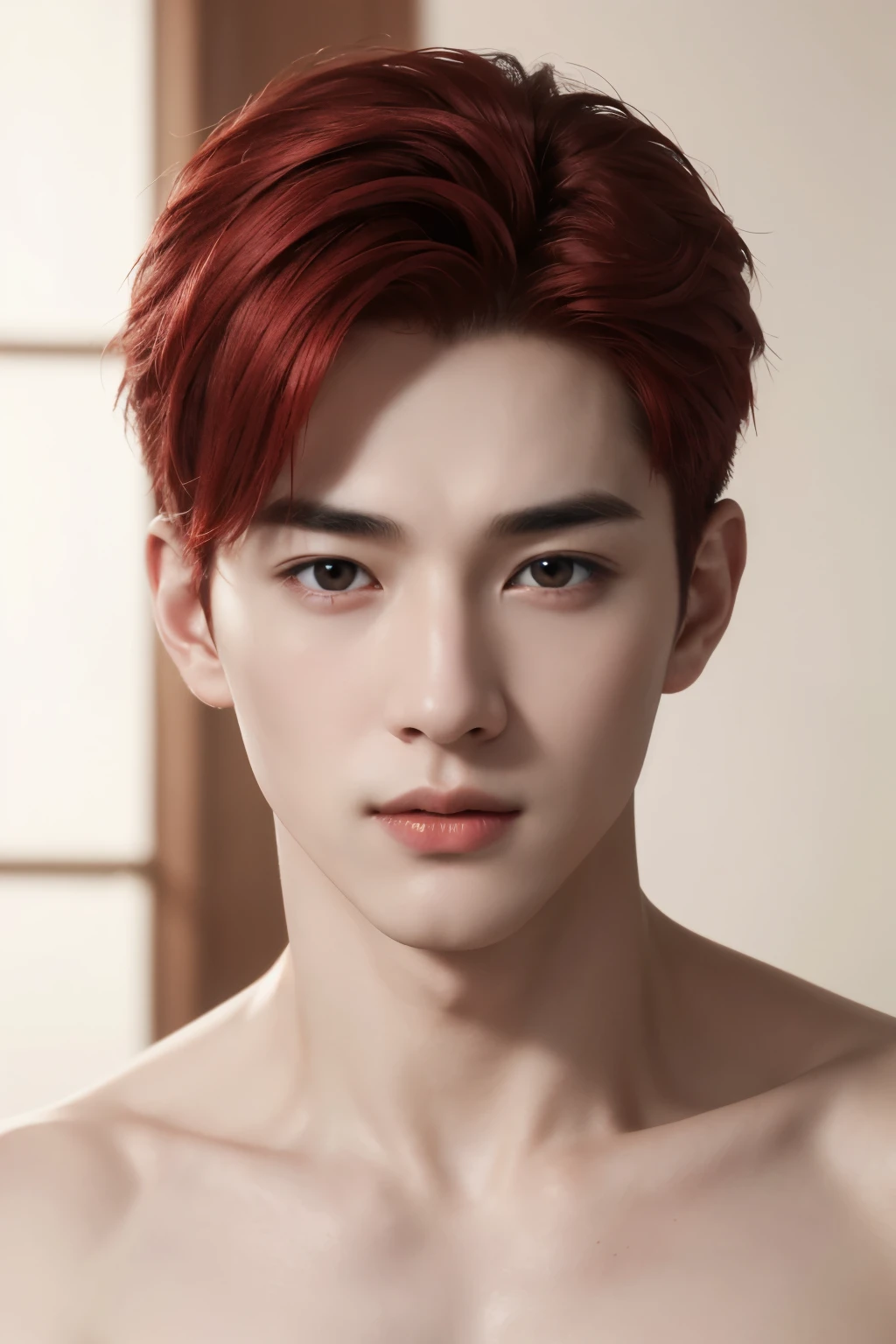 (8k, RAW photo, best quality, masterpiece:1.2), (realistic, photo-realistic:1.4), ultra-detailed, (high detailed skin:1.2), (asian) pale skin, blushing red makeup, white and red hair, handsome 1man,  