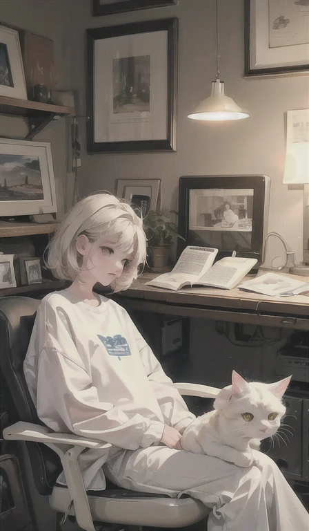 Artistic illustration: Relaxed character and white cat Under comfortable lighting、A person concentrating on work