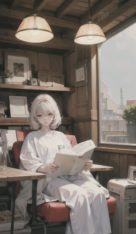 Artistic illustration: Relaxed character and white cat Under comfortable lighting、A person concentrating on work