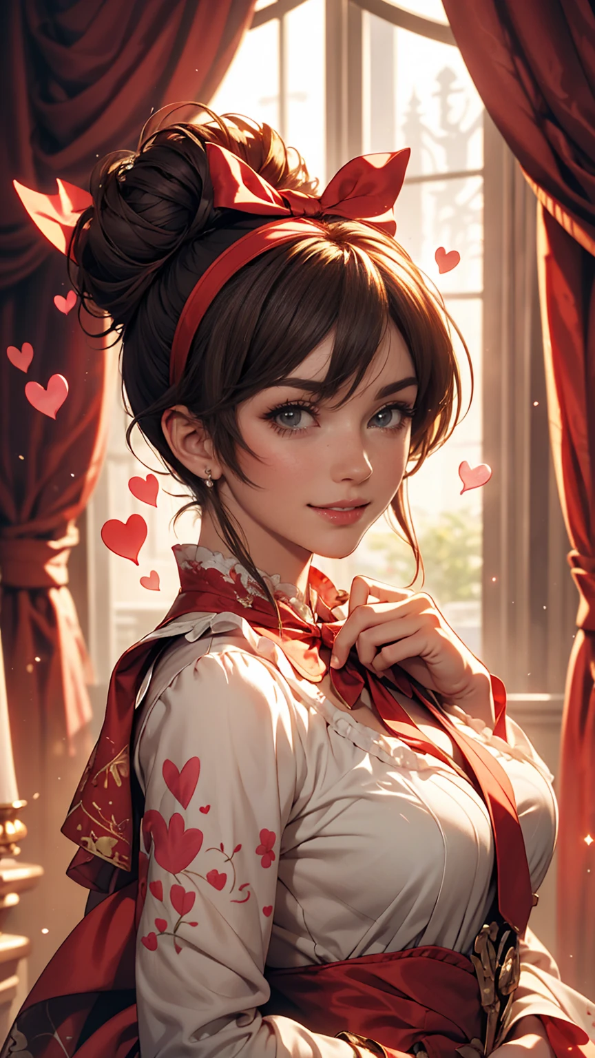 Drill Hair, curtained hair, Hair Bun, Big Hair, Medium Hair, Ribbon Hairband, Heart-shaped pupils, Raise your eyebrows, smile, Pursed lips, Surrealism, Renaissance, anime, anime style, Cinema Lighting, Depth of written boundary, God&#39;s Rays, Cast a Shadow, Fujicolor, First Person View, throw, Wide-angle, anime style, Surrealism, 超High resolution, retina, masterpiece, Accurate, Textured skin, Attention to detail, High resolution, 16k