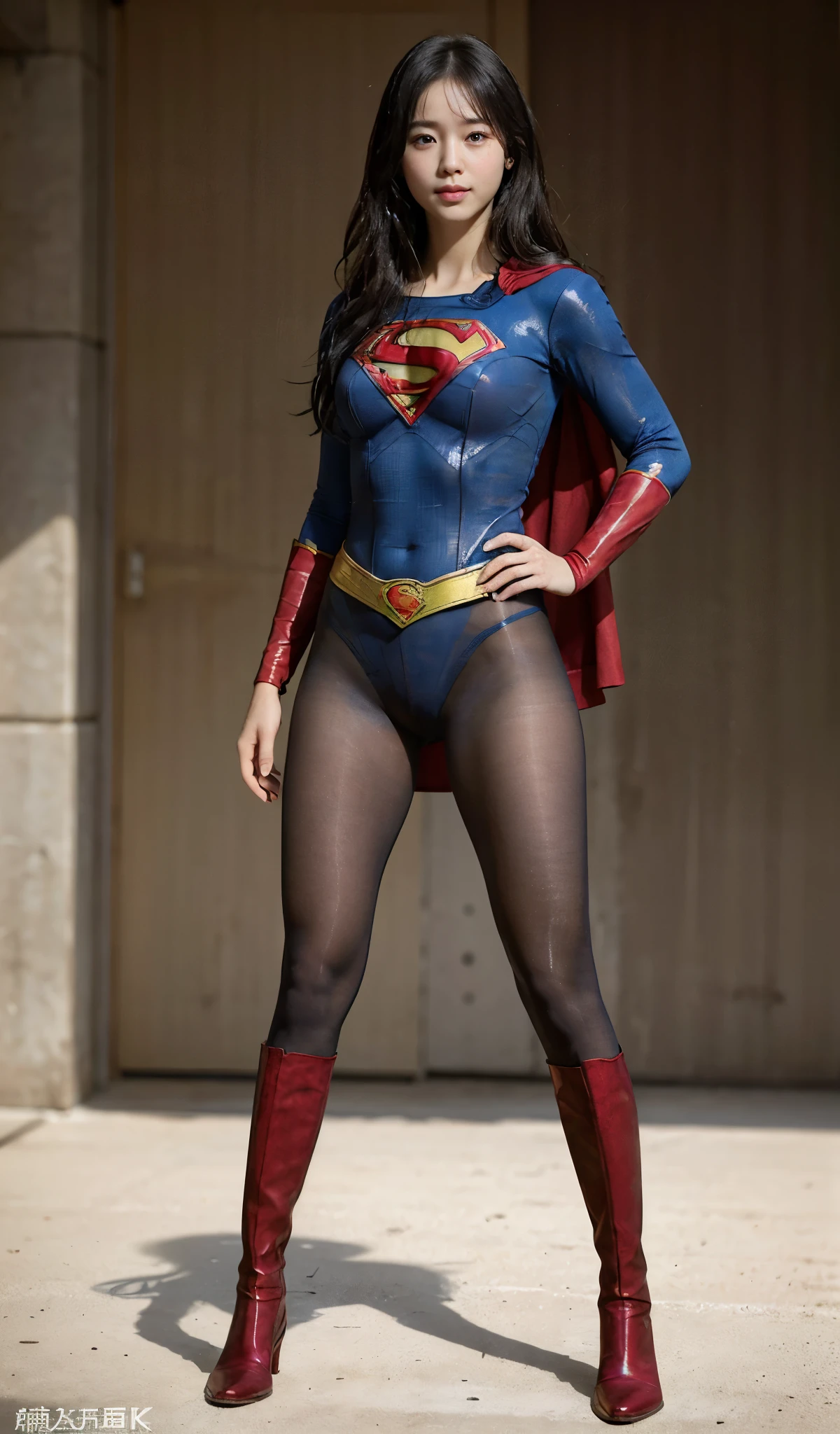 No background、(((Beautiful legs in black tights.)))、(((Legally express the beauty of your smile)))、((((Make the most of your original images)))、(((Supergirl Costume)))、(((Beautiful Hair)))、(((suffering)))、(((Please wear black tights....、Wear red boots)))、((Best image quality、8k))、((highest quality、8k、masterpiece:1.3))、(((Preserve background )))、Sharp focus:1.2、Beautiful woman with perfect figure:1.4、Slim Abs:1.2、Wet body:1.5、Highly detailed face and skin texture、8k