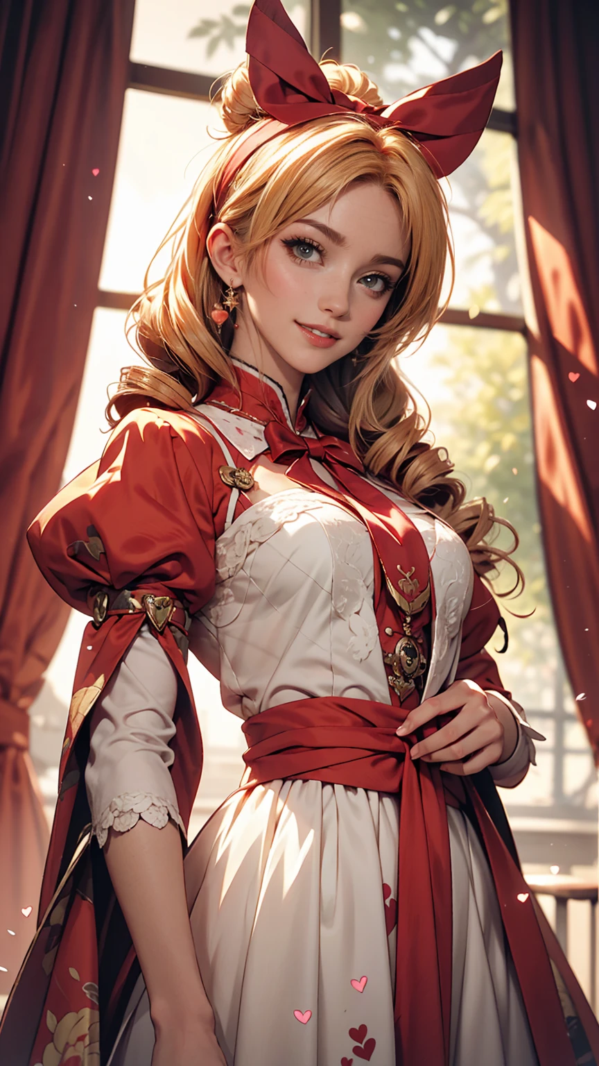 Drill Hair, curtained hair, Hair Bun, Big Hair, Medium Hair, Ribbon Hairband, Heart-shaped pupils, Raise your eyebrows, smile, Pursed lips, Surrealism, Renaissance, anime, anime style, Cinema Lighting, Depth of written boundary, God's Rays, Cast a Shadow, Fujicolor, First Person View, throw, Wide-angle, anime style, Surrealism, 超High resolution, retina, masterpiece, Accurate, Textured skin, Attention to detail, High resolution, 16k