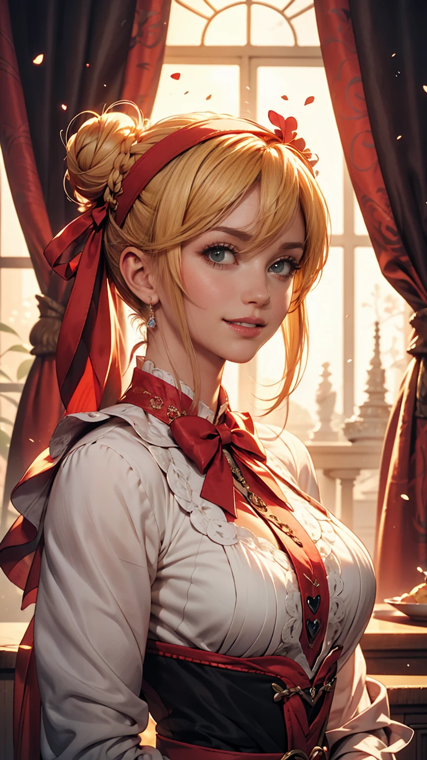 Drill Hair, curtained hair, Hair Bun, Big Hair, Medium Hair, Ribbon Hairband, Heart-shaped pupils, Raise your eyebrows, smile, Pursed lips, Surrealism, Renaissance, anime, anime style, Cinema Lighting, Depth of written boundary, God&#39;s Rays, Cast a Shadow, Fujicolor, First Person View, throw, Wide-angle, anime style, Surrealism, 超High resolution, retina, masterpiece, Accurate, Textured skin, Attention to detail, High resolution, 16k