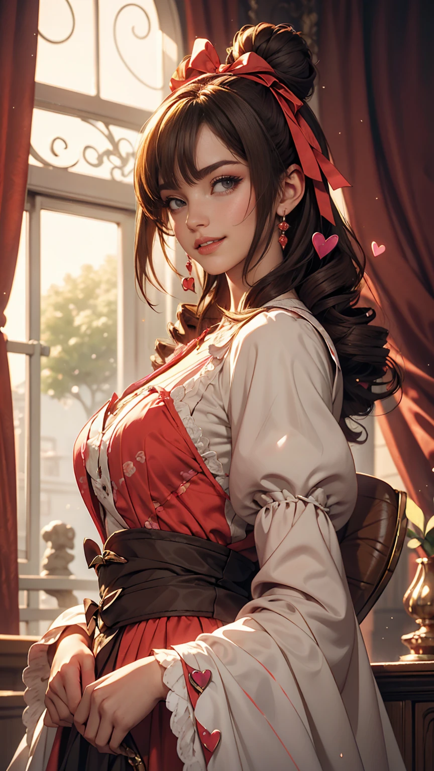 Drill Hair, curtained hair, Hair Bun, Big Hair, Medium Hair, Ribbon Hairband, Heart-shaped pupils, Raise your eyebrows, smile, Pursed lips, Surrealism, Renaissance, anime, anime style, Cinema Lighting, Depth of written boundary, God's Rays, Cast a Shadow, Fujicolor, First Person View, throw, Wide-angle, anime style, Surrealism, 超High resolution, retina, masterpiece, Accurate, Textured skin, Attention to detail, High resolution, 16k