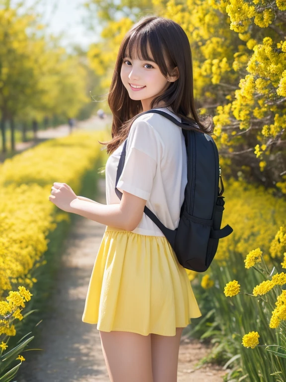 Very attractive girl with a backpack、Enjoying a lovely spring outing surrounded by beautiful yellow flowers and nature。.naked