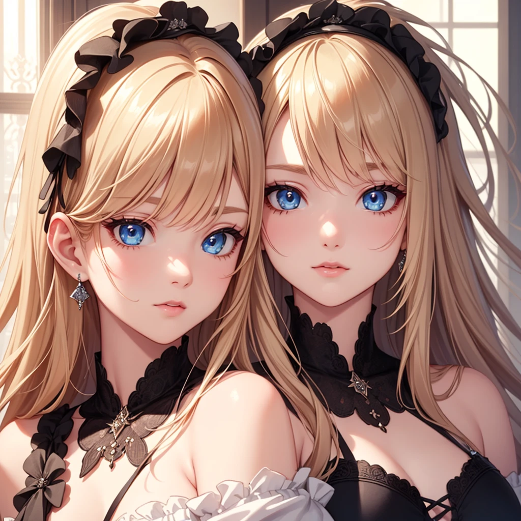 (best quality, masterpiece, uncensored, high quality, ultra detailed, extremely detailed CG, beautiful face, beautiful eyes, beautiful hair), (((2girl))), Blonde long hair, Pink short hair