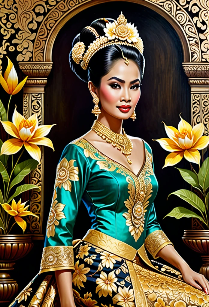 beautiful javanese majestic queen donning exotic brocade laced kebaya dress and batik long skirt, big bun hairdo with golden flowers hair ornaments, insanely detailed and intricate grand and elegant Jepara style wood carving in background, oil on canvas painting, realistic style, heavily influenced by Don Lawrence photorealistic brush stroke style