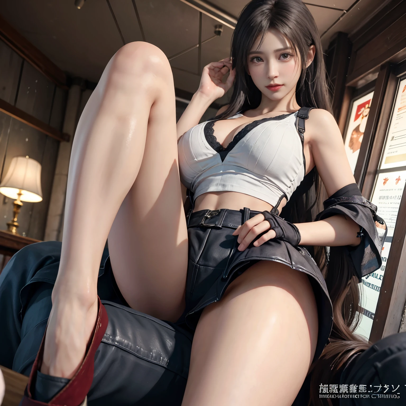 (Realistic: 1.4), 最high quality, Very delicate and beautiful, High resolution,masterpiece, 最high quality, 超High resolution, (Realistic:1.4), Detailed beautiful face, , One girl, Tifa_Lockhart, Final Fantasy VII Remake, Stunning European Women,Cowboy Shot, suspenders, Low rise, Black mini skirt, Black border white tank top, Tense shirt, Black Hair, Long Hair, Sexy Body,Beautiful breasts, Very beautiful and shining eyes,Beautiful feet, So cute, Close-upポトレイト, 柔らかい肌のPerfect Faceを持つ素敵な, Perfect Face, (((Huge breasts))),Tight waist,Chainetter、thigh、In the dungeon,Complete diagram, Shapely hips, 8k resolution,Surreal,Ultra-detailed,high quality, (Huge teardrop chest, Huge breastsの谷間:1.2), Giant tit, Close-up,A broad perspective