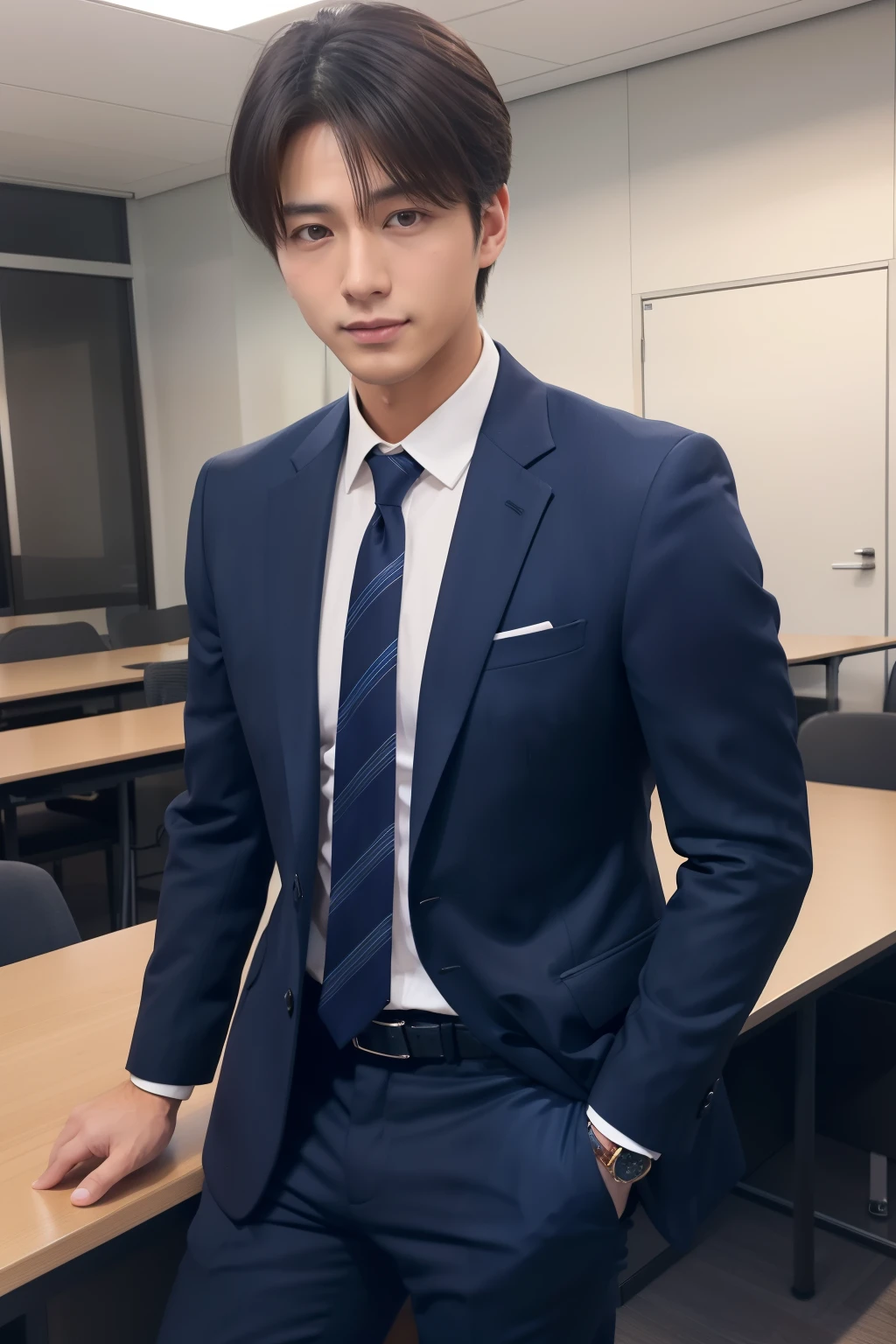 A fresh and handsome 20-year-old new employee、　（A super cool S-class man in a suit）、　20 year old Japanese boys、　Businessman、　Ultra-luxury suits、　Striped suit、　office、　Standing in a suitＳYoung and handsome men、　Full body photo、　（CG Unity 8KのVery detailed写真）、　（Very detailedＳHandsome man in class）、　（Photo realistic）、　　（（highest quality））、　Ultra-detailed、　（masterpiece）、　Ultra HD、　expensive、　Audience、　A kind man、　Very beautiful hair、　Short-haired、　Bright photo、　Handsome like a model、　Handsome like an idol、　Luxury Watches、　Cool Belt、　Japanese