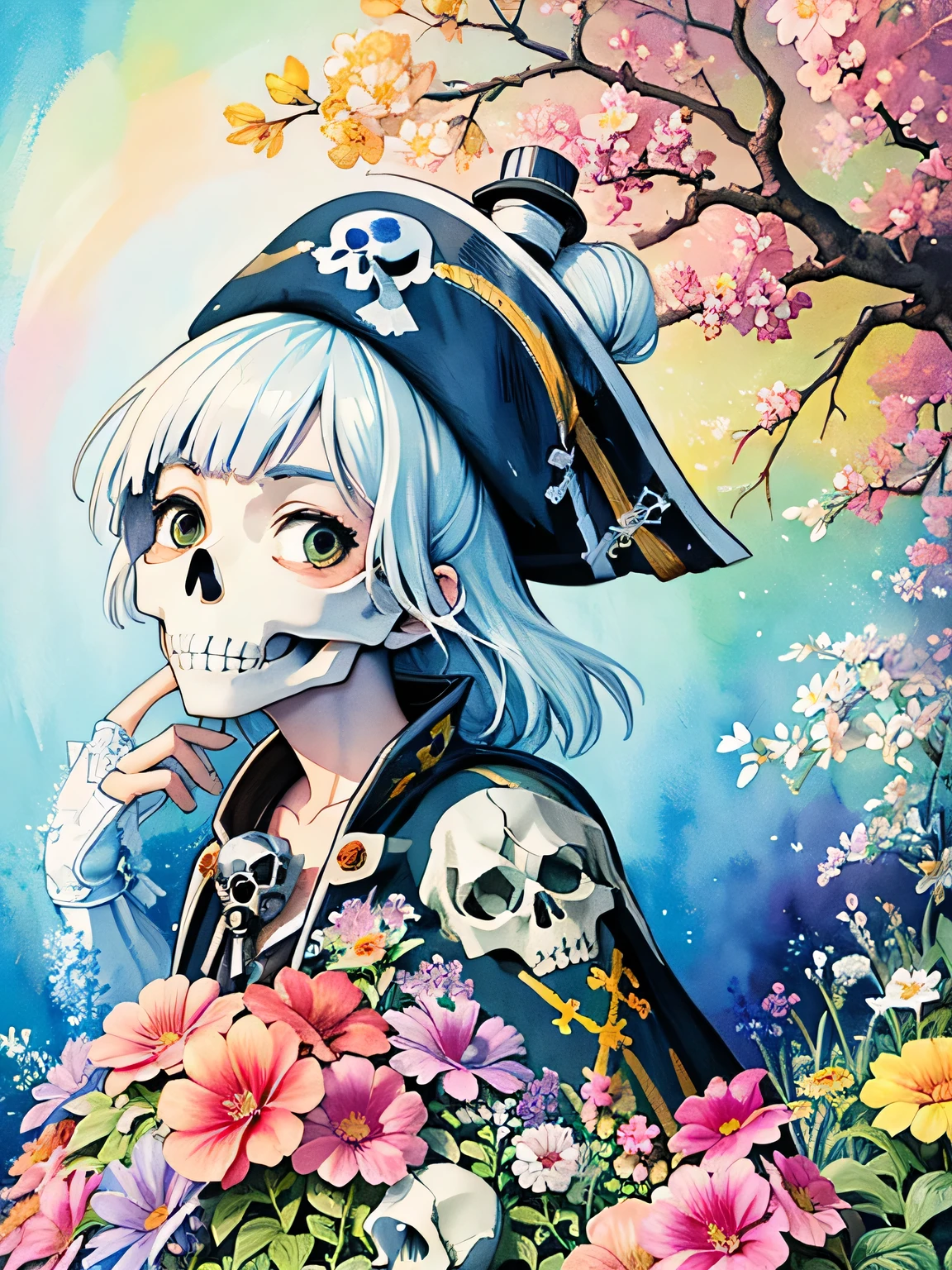 Hayao Miyazaki style、8K Quality、Intense watercolor, Detailed watercolor art, Watercolor splash, Surreal, avant-garde pop art, Beautiful and expressive paintings, Beautiful artwork illustration, Very colorful tones, wonderful, Cool beauty, highest quality、Official Art, Vector art, Stylish design, (((The most beautiful pirate girl))), (((highest quality))), HDR, ((detailed)), (((Doodle Art)), ((masterpiece)), ((Super detailed)), (((Colorful flowers))),(((skull fashion))),

