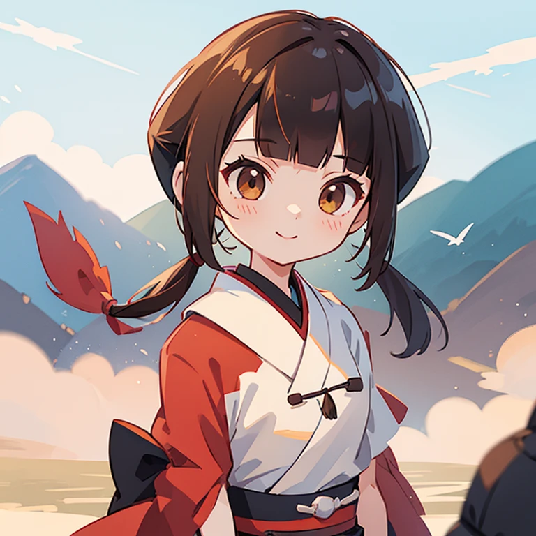 masterpiece, highest quality,One girl, red bow, bow, Long Hair, hair bow, Ainu clothing, alone, hair band, bird, Black Hair, fingerless gloves, Short sleeve, gloves, sash, pants, bangs, red hair band, arms, chest, Brown eyes, white pants, kimono, Confused, A light smile, Official Art, Good composition, Official pose, detailed Portraiture, Portraiture, Bokeh, Clouds and mountains background, warrior, Onmyoji Style, High resolution, Dramatic lighting and shadows, Solar flare, Blurred foreground