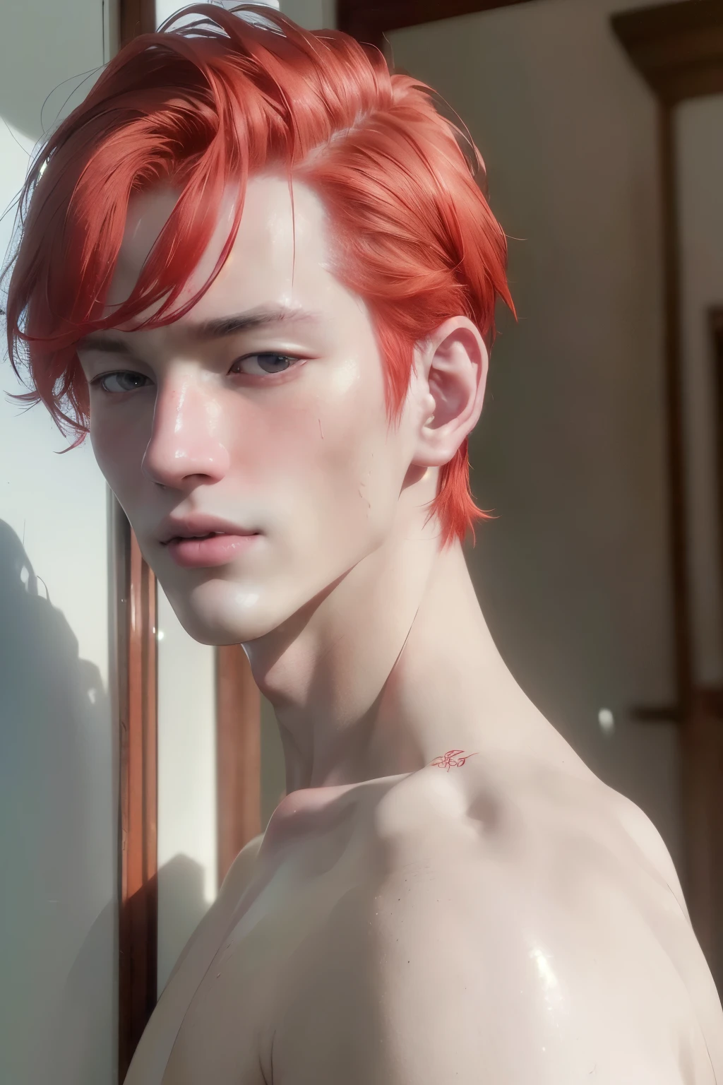 (8k, RAW photo, best quality, masterpiece:1.2), (realistic, photo-realistic:1.4), ultra-detailed, (high detailed skin:1.2), (asian) pale skin, blushing red makeup, white and red hair, handsome 1man,  