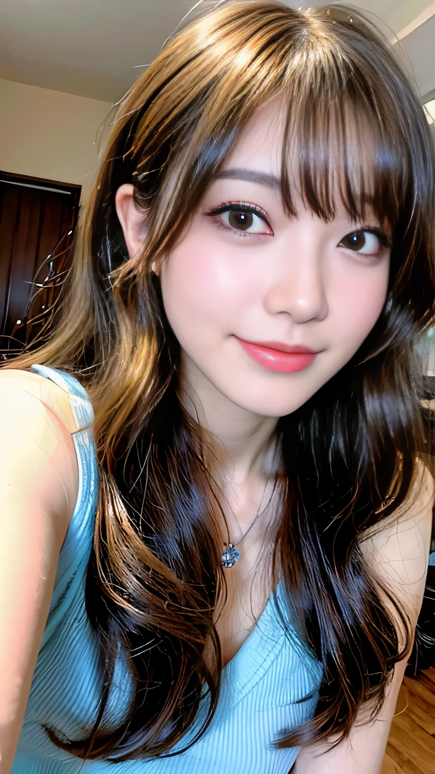 Full Body Angle、((highest quality, 8K, masterpiece: 1.3)), concentrated: 1.2, Cute girl 1,Nipples erect、 Perfect beauty: 1.4,Crisscross V-neck T-shirt, Casual summer short sleeve t-shirt: 1.2,Long sleeve、Randall Color、comics&Text Graphics、Black ruffle-trimmed drawstring zip blouse,1.1, Highly detailed face and skin textures, Fine grain, double eyelid, whitening skin, ,highest quality,Ultra-high resolution,you,1 girl,alone,_Shiny_skin,Iris,necklace,((Brown_length_Wavy_hair)),(lips)),eyelash,Front hair,deal with,compensate,Shiny,pore,skin texture,Large Breasts、smiling face、
