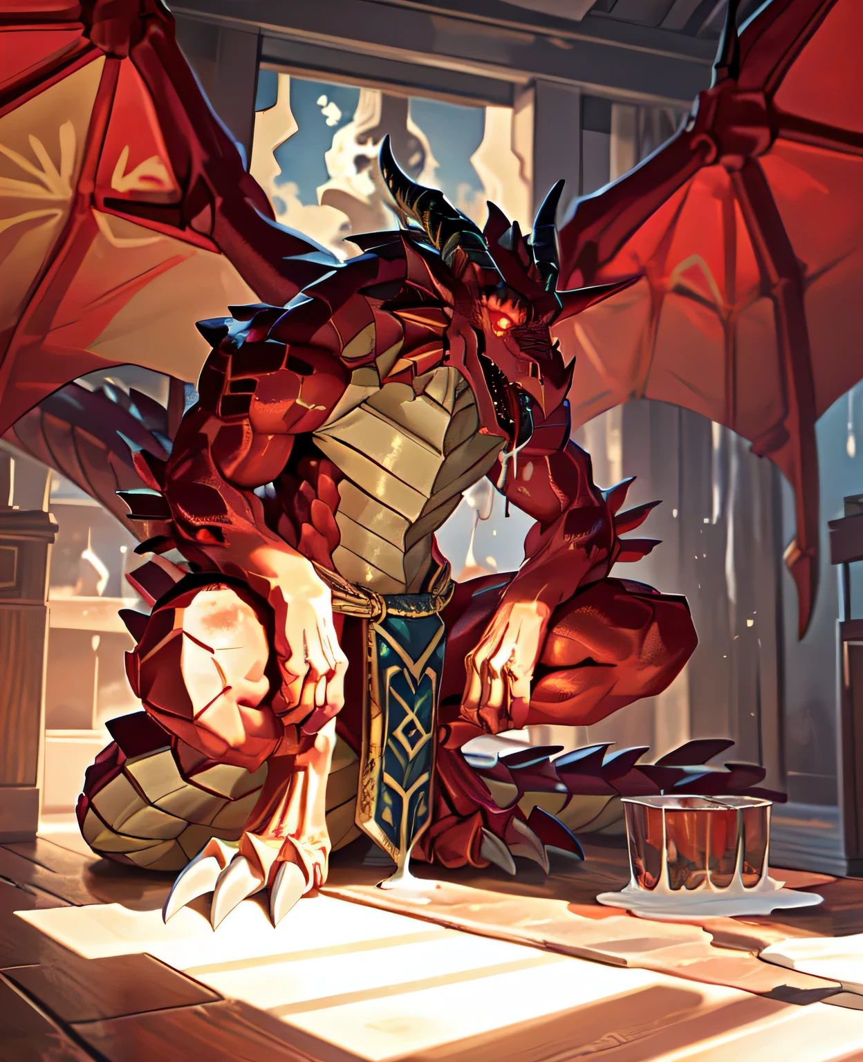 Solitary, (muscular), (Male human dragon):1.3, Bright scales, (Kamiaki):1.3, (Common:1.4) (pray):1.23, (，Wearing a short white loincloth）, Exquisite eyes, Lizard Tail,A pair of dragon horns, A pair of dragon wings, (Exquisite eyes，stripe，Sharp claws，Cute animal paws，Sticking out tongue，Sloppy person，Liquid splashed all over the body，Leakage in the lower body，Fluid leaking from the lower body，Milk spilled all over the floor，Glowing eyes):1.1, (in the room:1.35), In the bedroom，Squatting on the bed，dim，Being licked，enjoy，obsessed， My face turned red，collar，Submit to，Caress，drunk，Smile，enjoy，looking at camera，Submit to，having fun，Detailed background，Realistically，Realistic hands，8k High Dynamic Range，（shadow，Wide dynamic range，High Dynamic Range，emphasize：1.2）