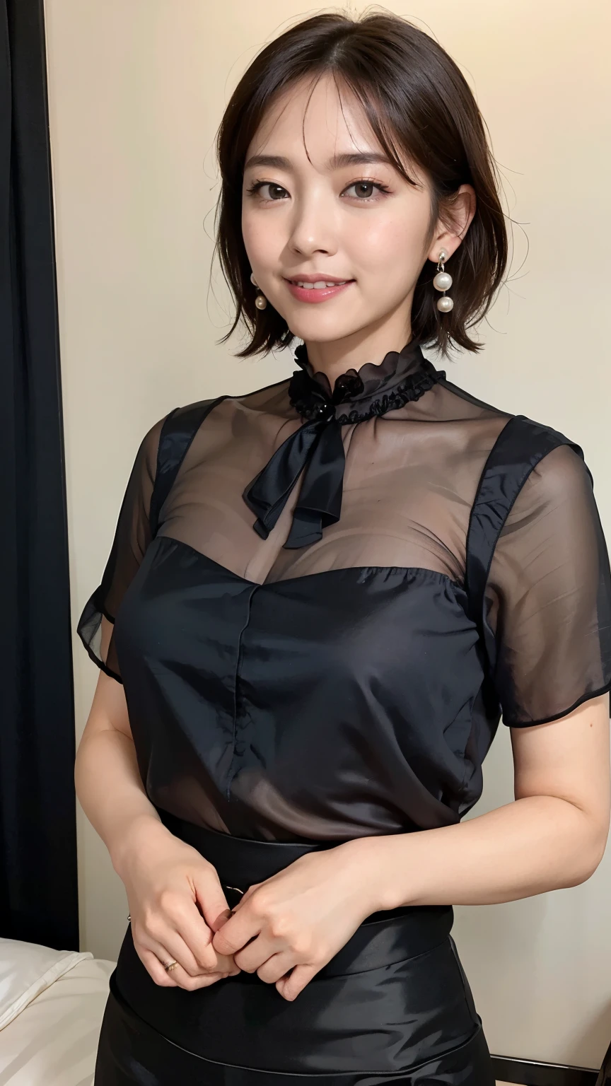 （RAW Photos：1.2）、 (Realistic:1.4),（D cup breasts）,Thick legs、alone、(Black Silk_blouse:1.5),(Black pencil skirt:1.4),(Pearl_Earrings:1.3),Jewelry Necklace Short Hair,black eye、（Dimly lit hotel room：1.8）、（Looking at the audience：1.2）、Beautiful Japanese Women, Very detailed,High resolution, Very detailed,highest quality,Raise your consciousness,Unified,8k wallpaper,masterpiece,highest quality,1 female,alone,rich,Whole Body Ezbian,（A kind smile：1.5）