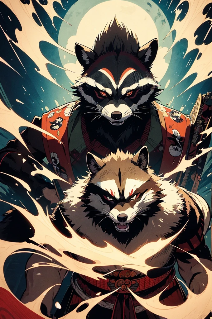 (masterpiece, best quality:1.1),
popart style,flat color,1old raccoon wearing samurai armor,wolf fur,shogun of raccoons,standing front the cave,anger,Psycho Power,Ukiyo-e style illustration,dynamic angle,beautiful lighting,photographic portrait, sharp,